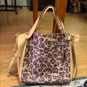 Vince Camuto Arlow leopard print leather bag NWOT qvc coffee tan